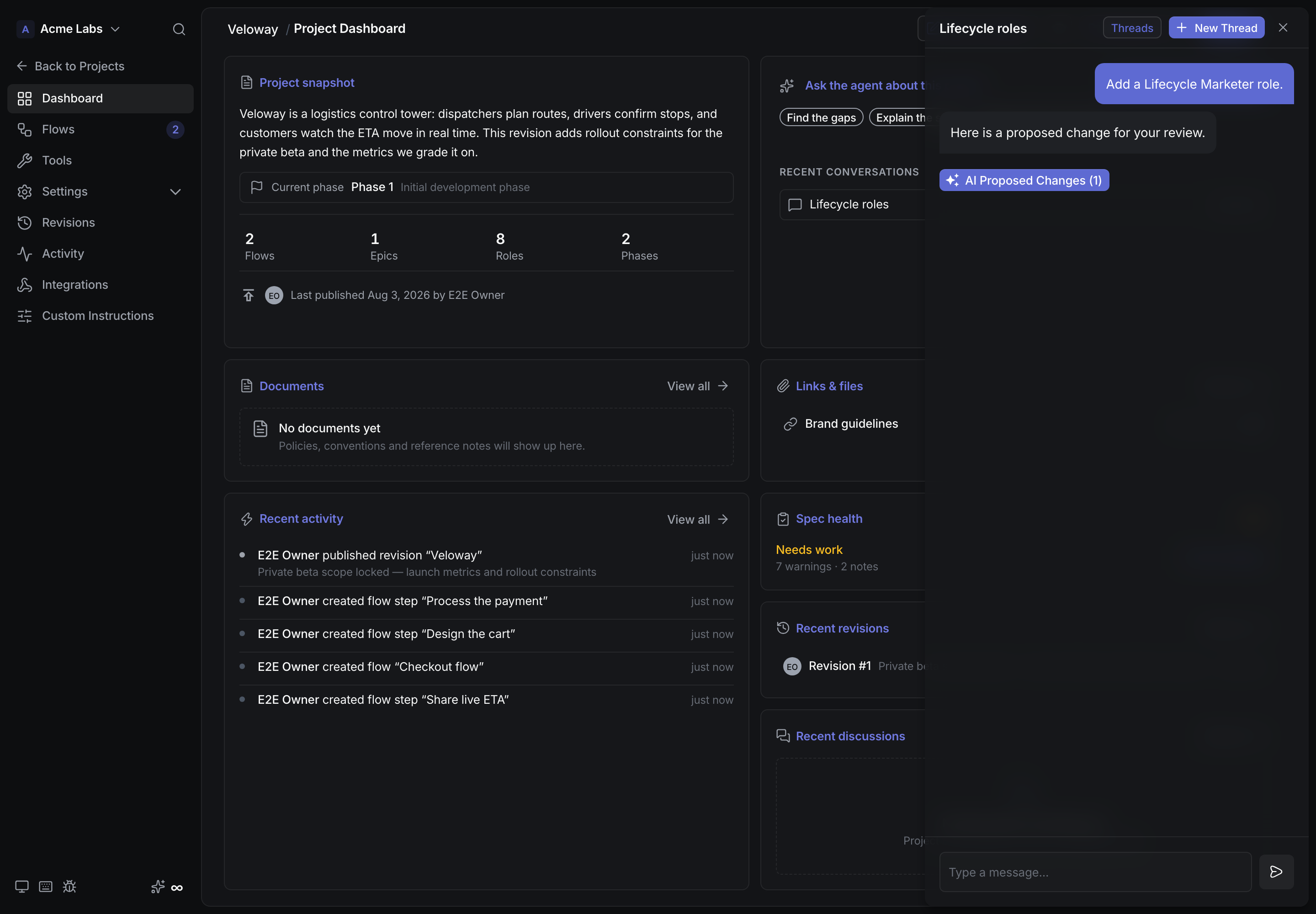 CrystalSpec agent page with example prompts for gaps, explain, and next revision