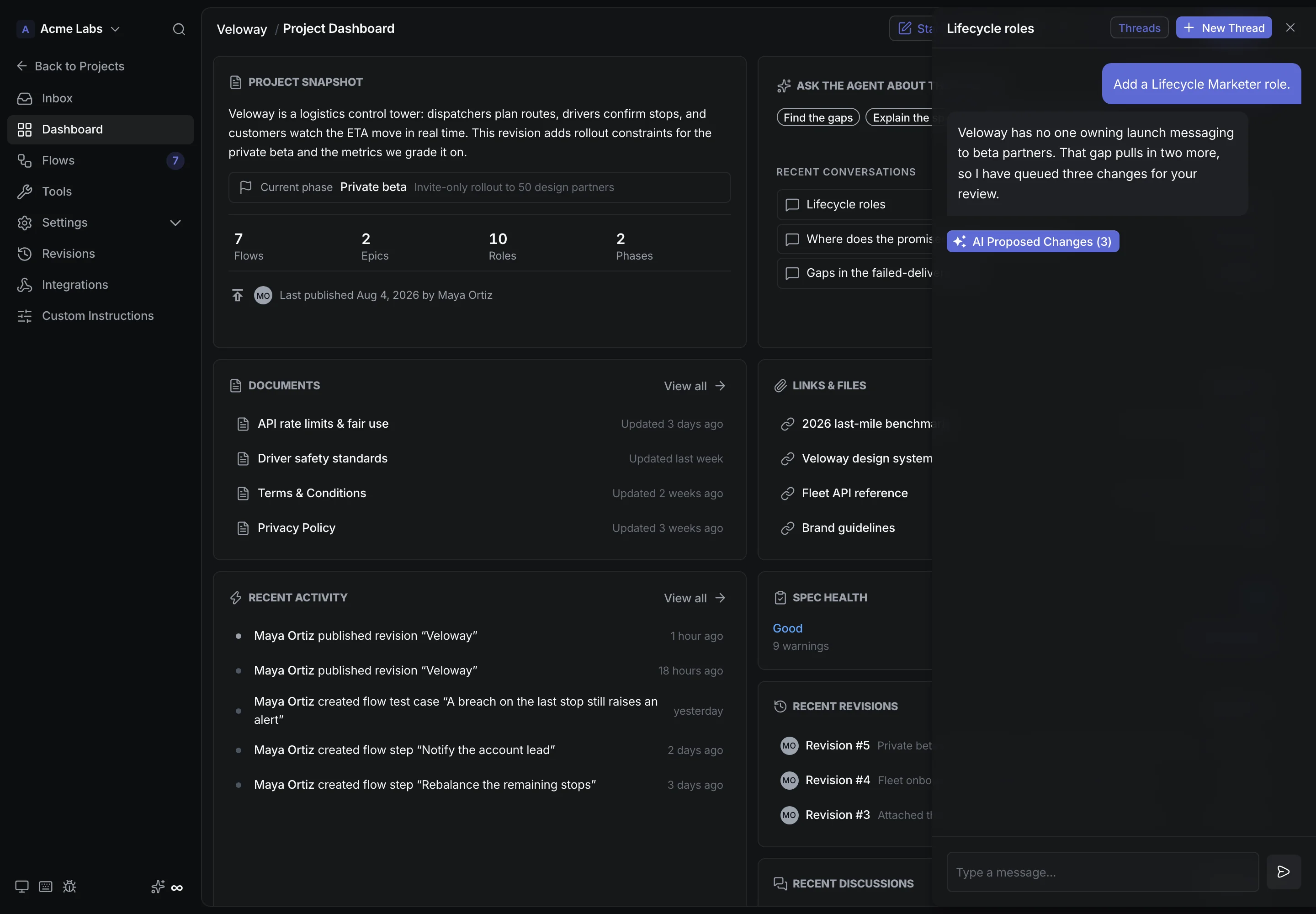 CrystalSpec agent page with example prompts for gaps, explain, and next revision