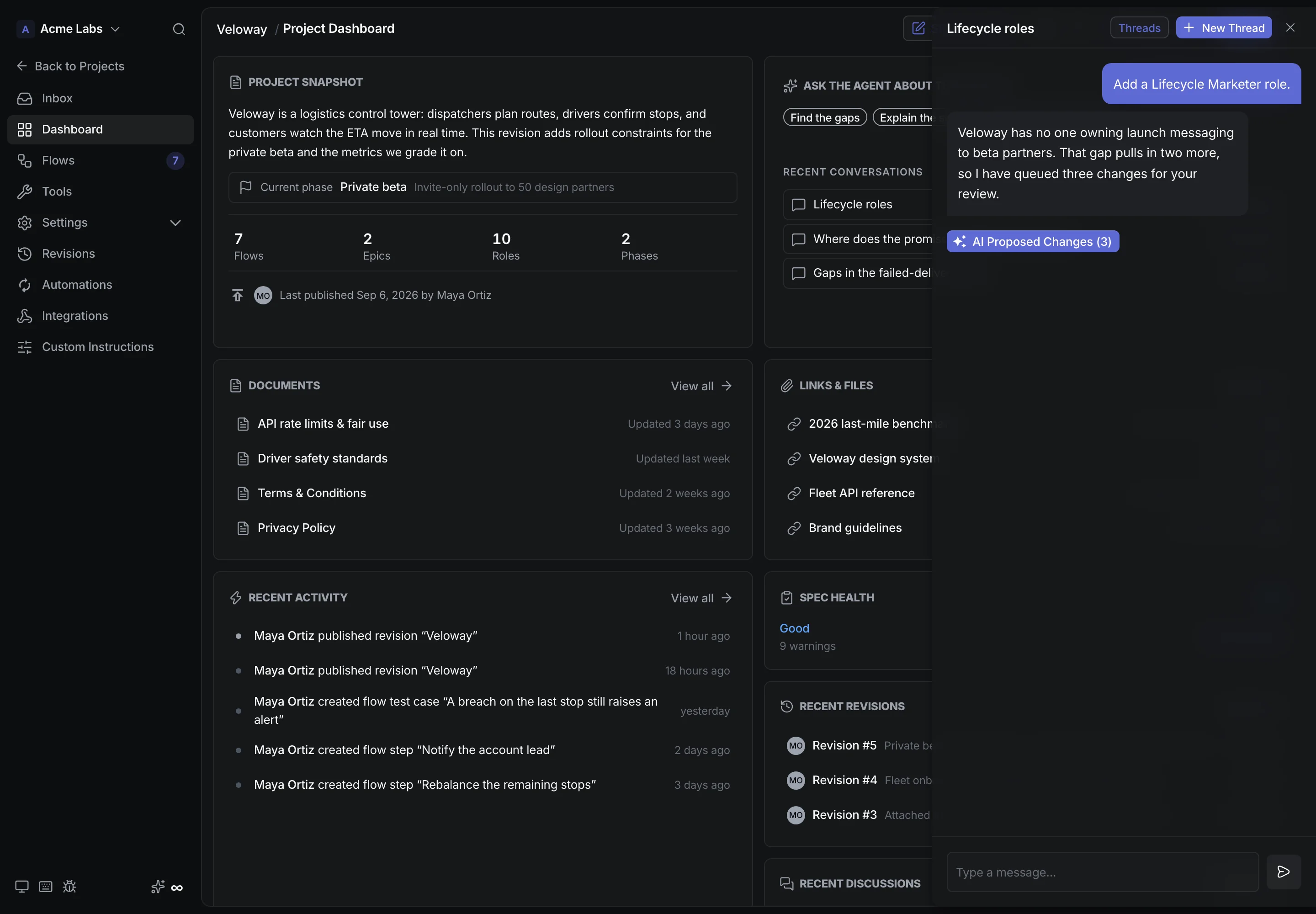 CrystalSpec agent page with example prompts for gaps, explain, and next revision