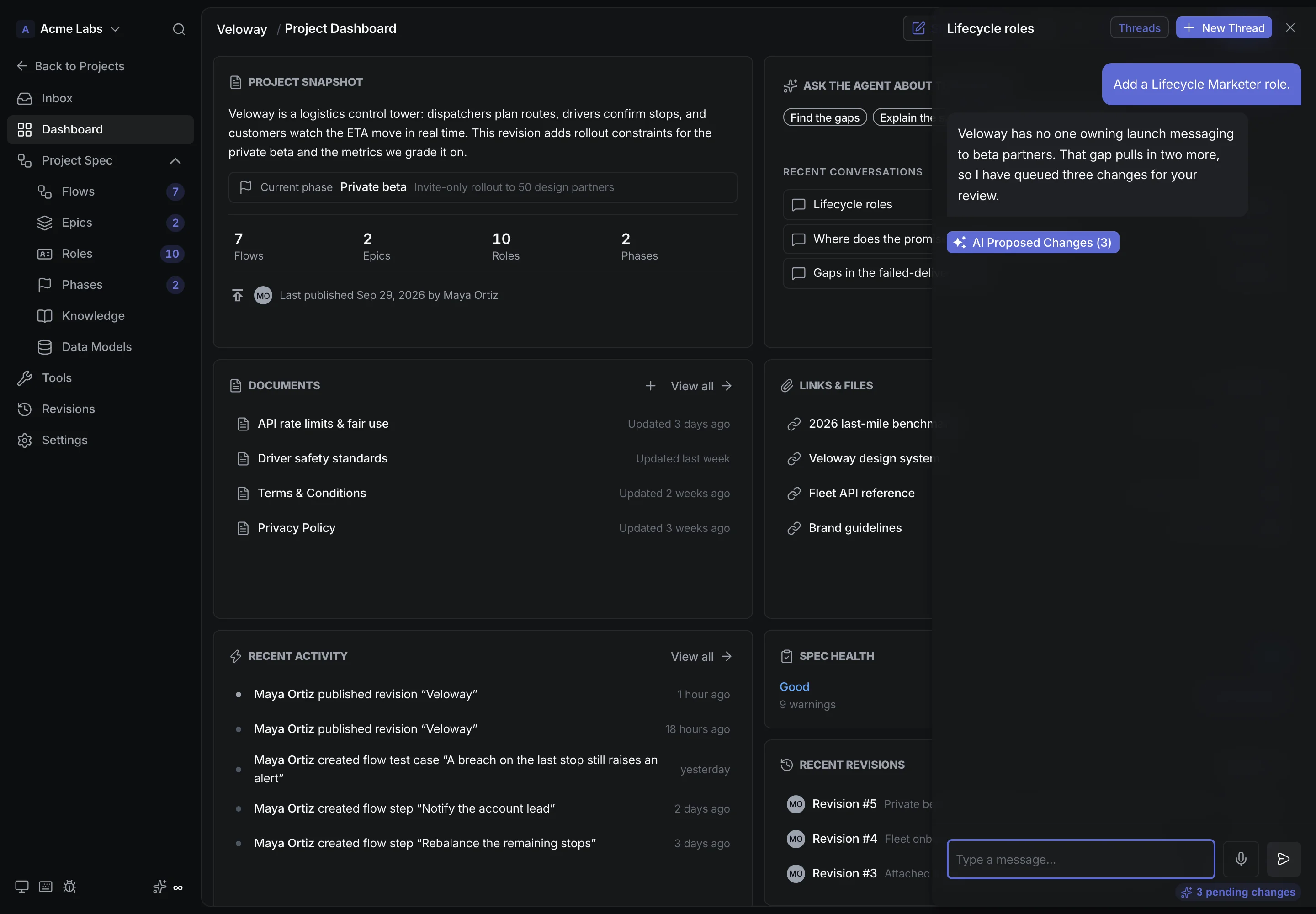 CrystalSpec agent page with example prompts for gaps, explain, and next revision