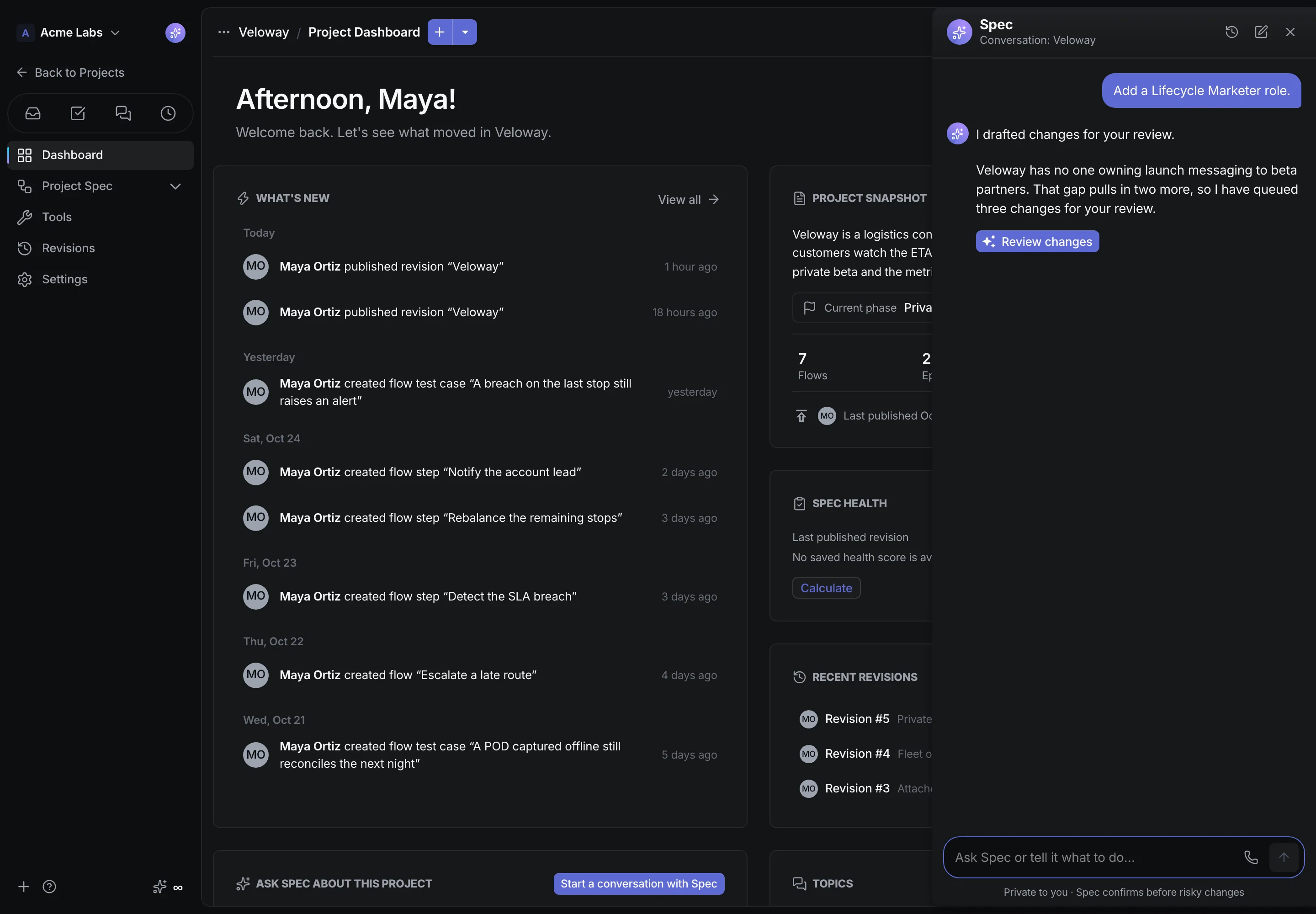 CrystalSpec agent page with example prompts for gaps, explain, and next revision