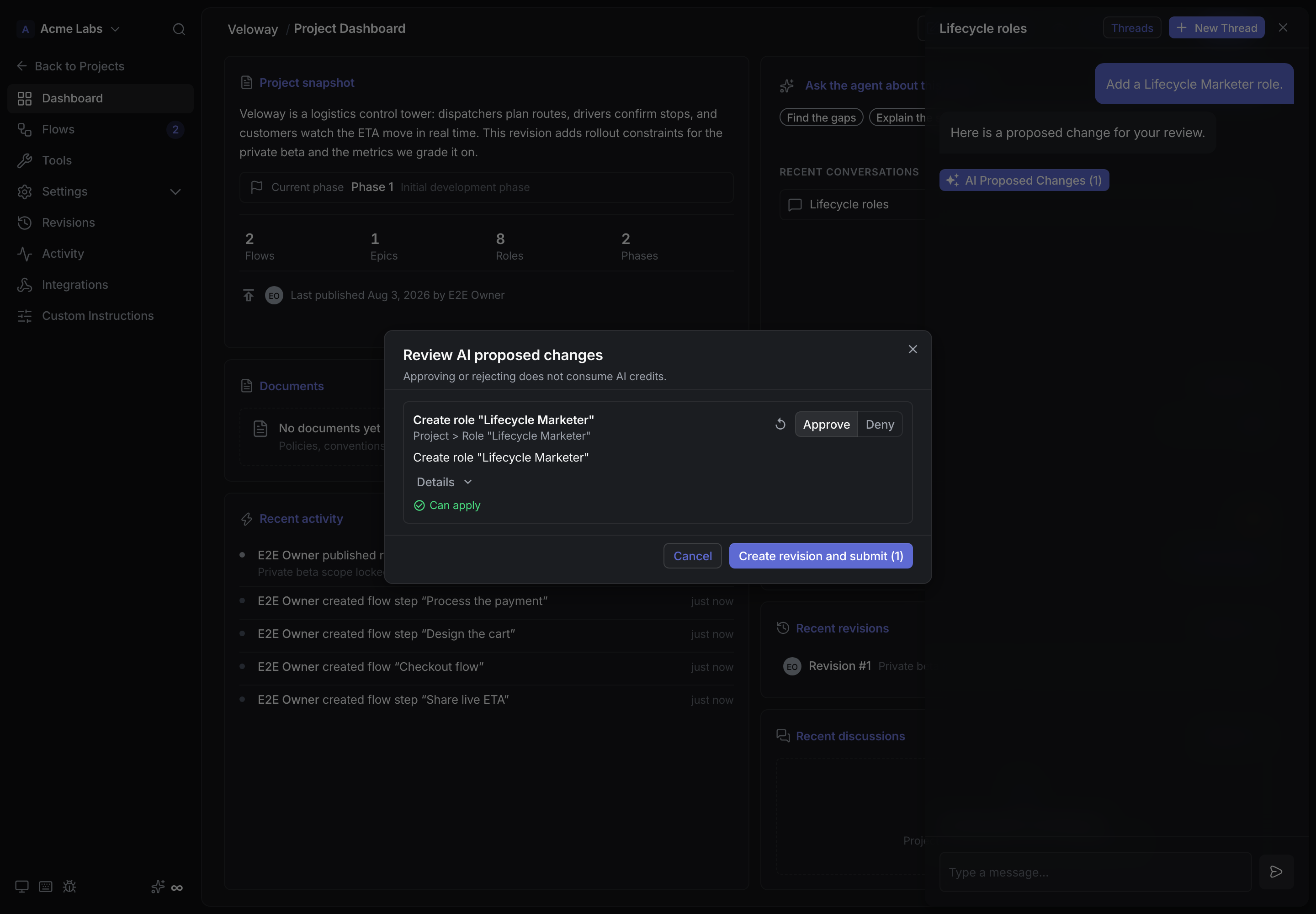 Review AI proposed changes modal with approve and deny controls