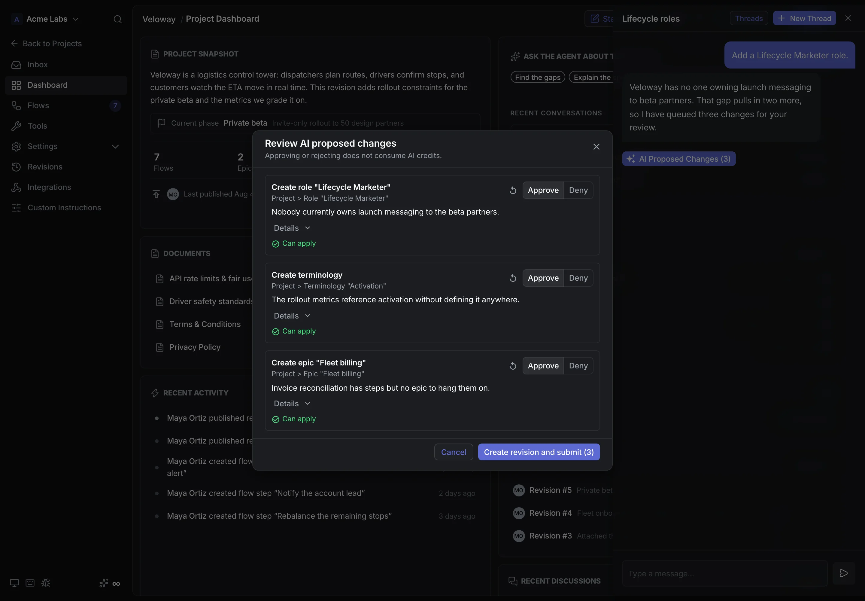 Review AI proposed changes modal with approve and deny controls
