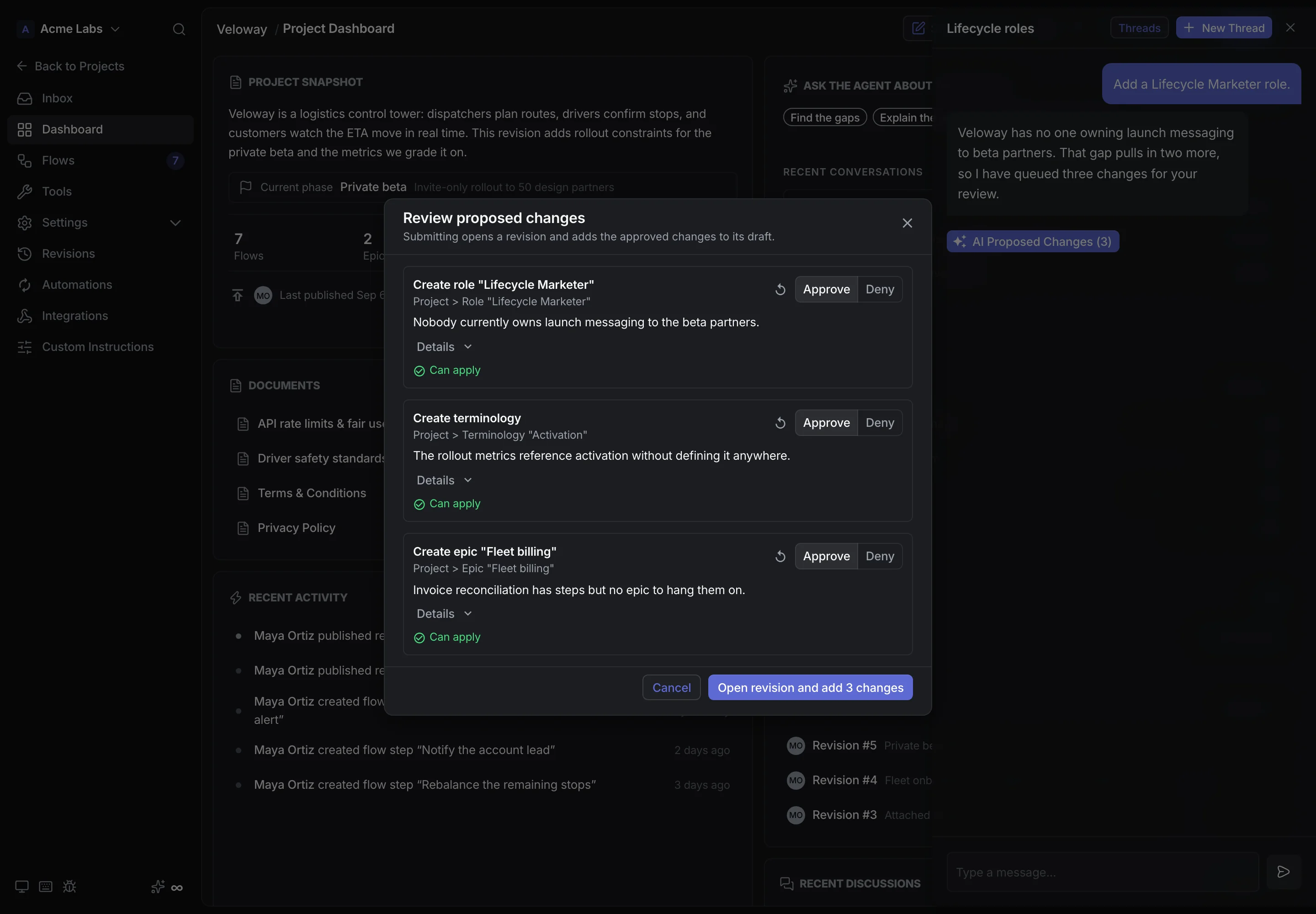 Review AI proposed changes modal with approve and deny controls