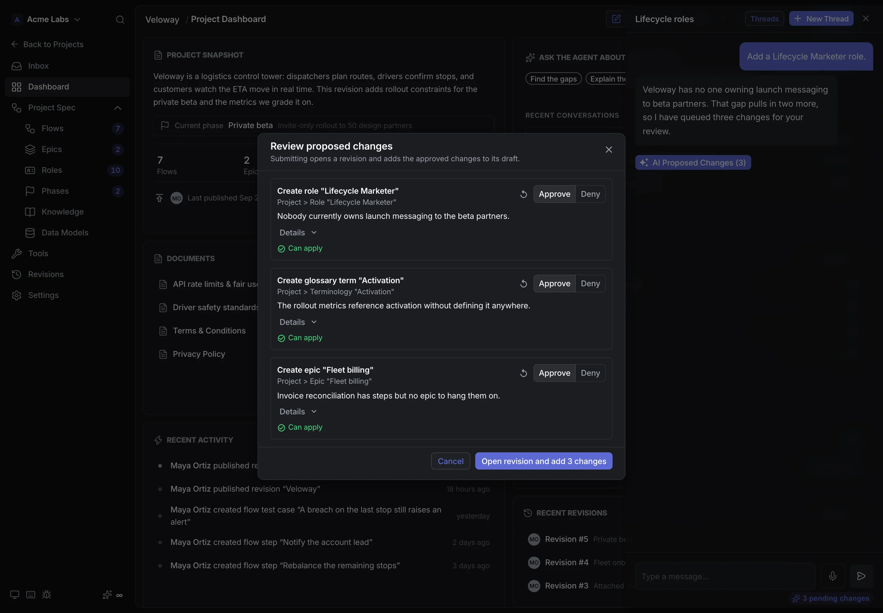 Review AI proposed changes modal with approve and deny controls