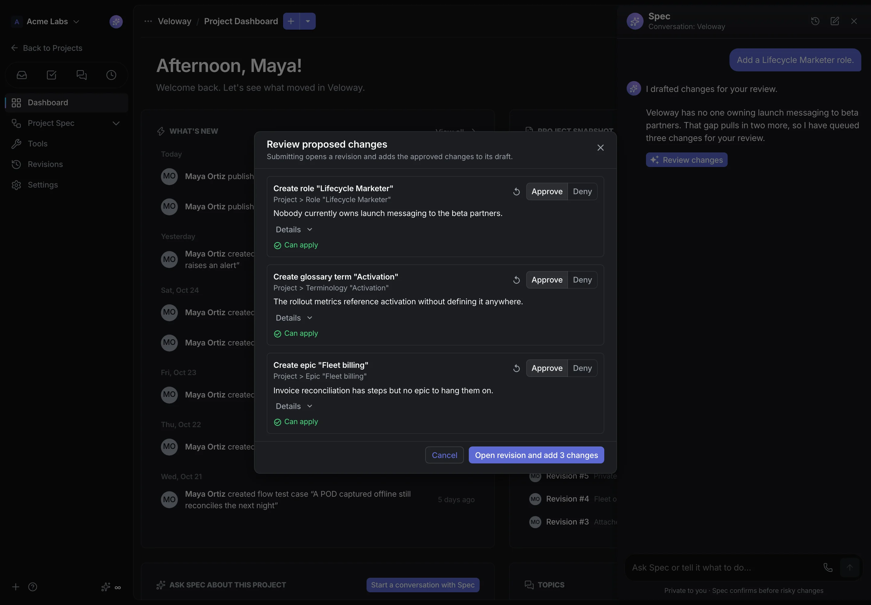 CrystalSpec AI proposals with structured create, update, and delete suggestions awaiting approval