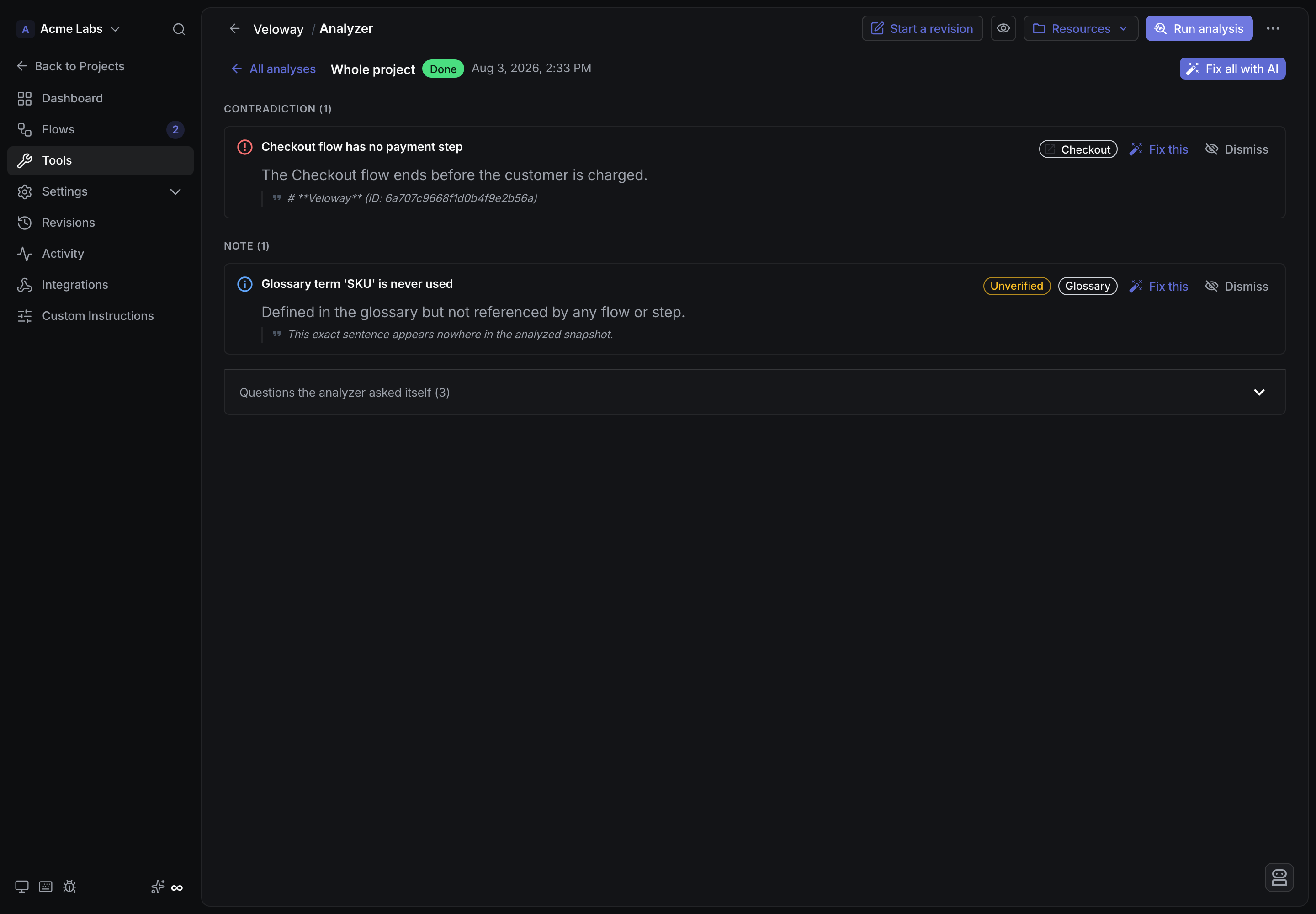 Inconsistency analyzer report with contradiction and note findings