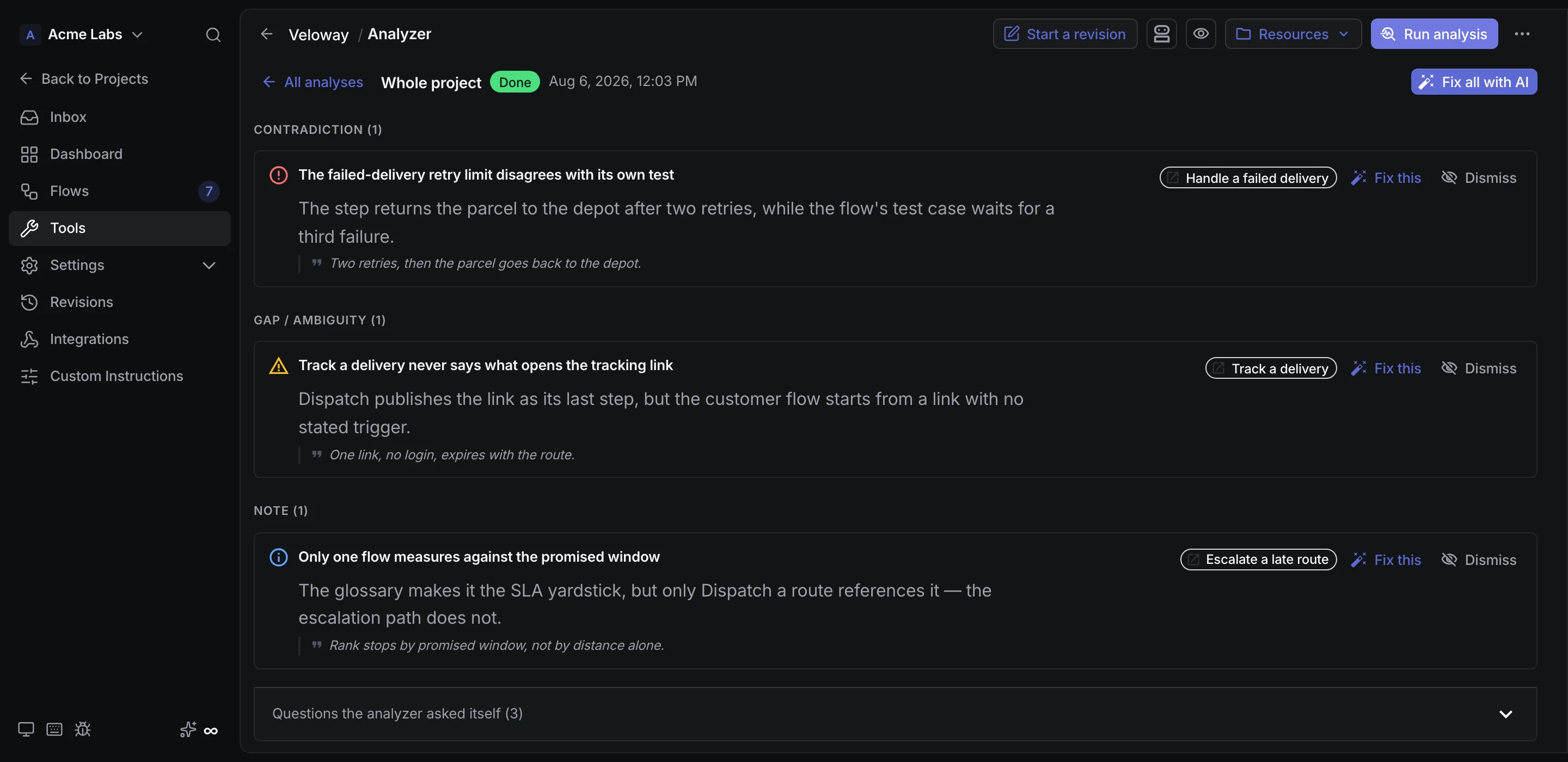 Inconsistency analyzer report with contradiction and note findings