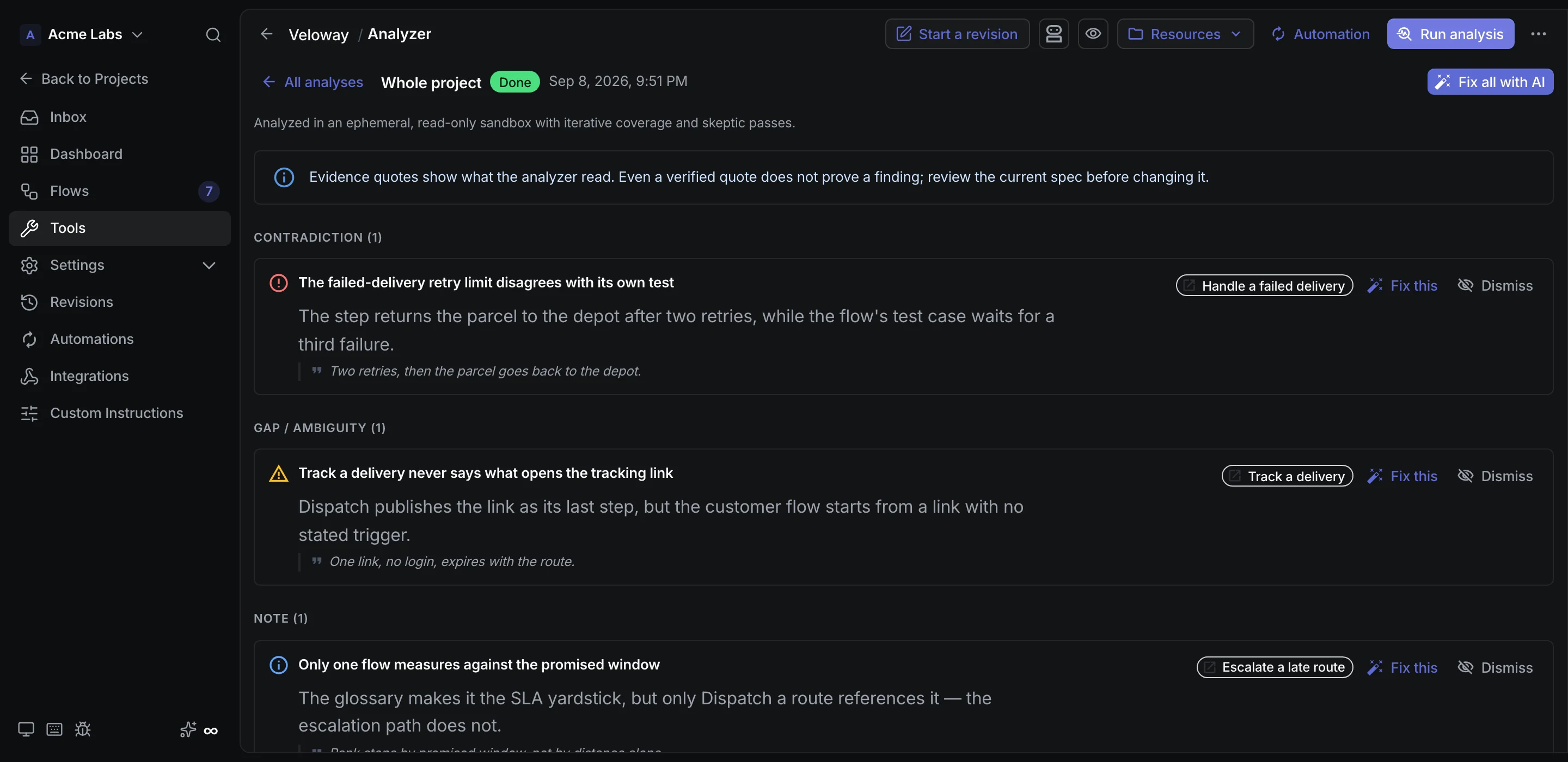 Inconsistency analyzer report with contradiction and note findings