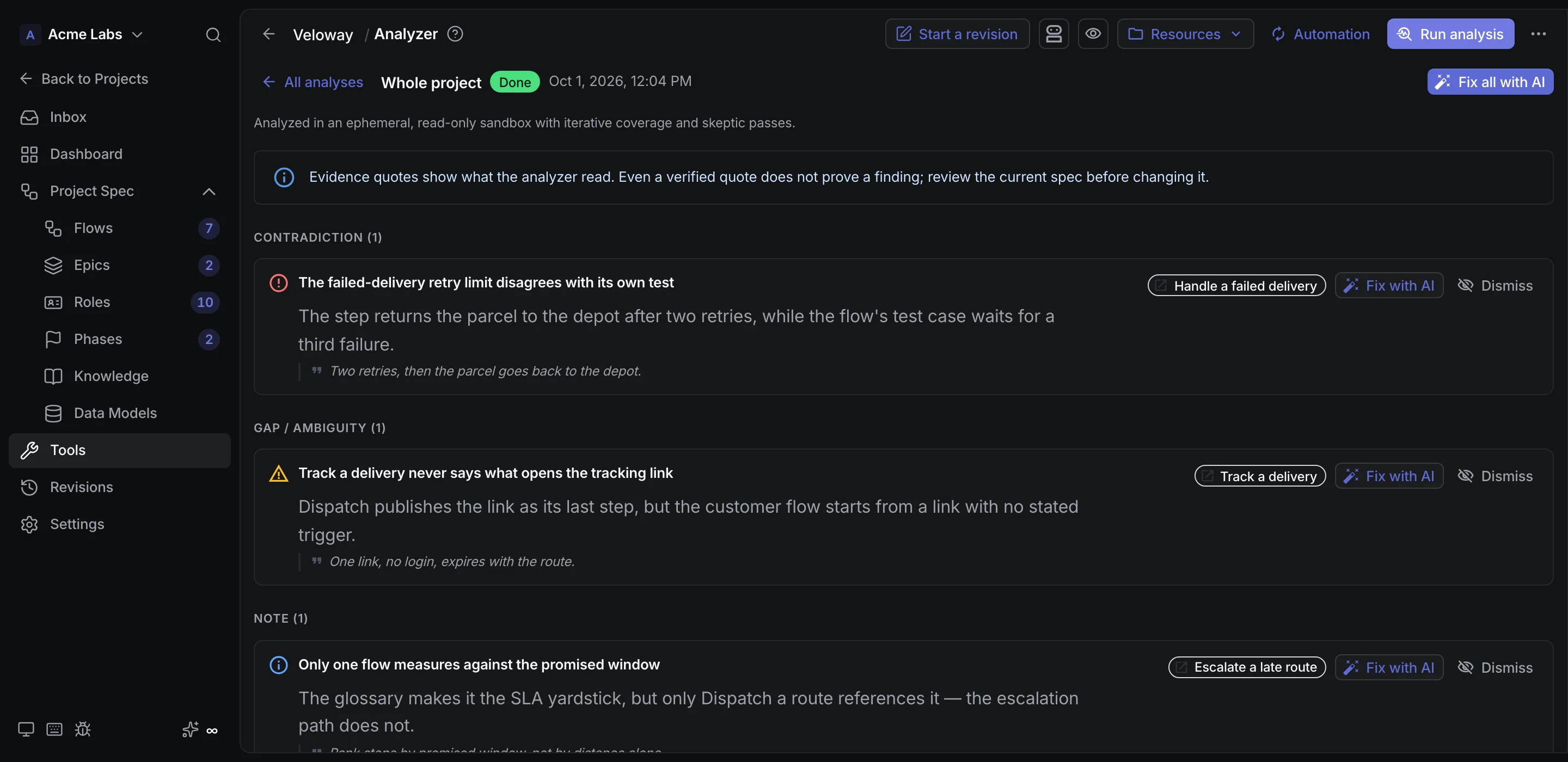 Inconsistency analyzer report with contradiction and note findings