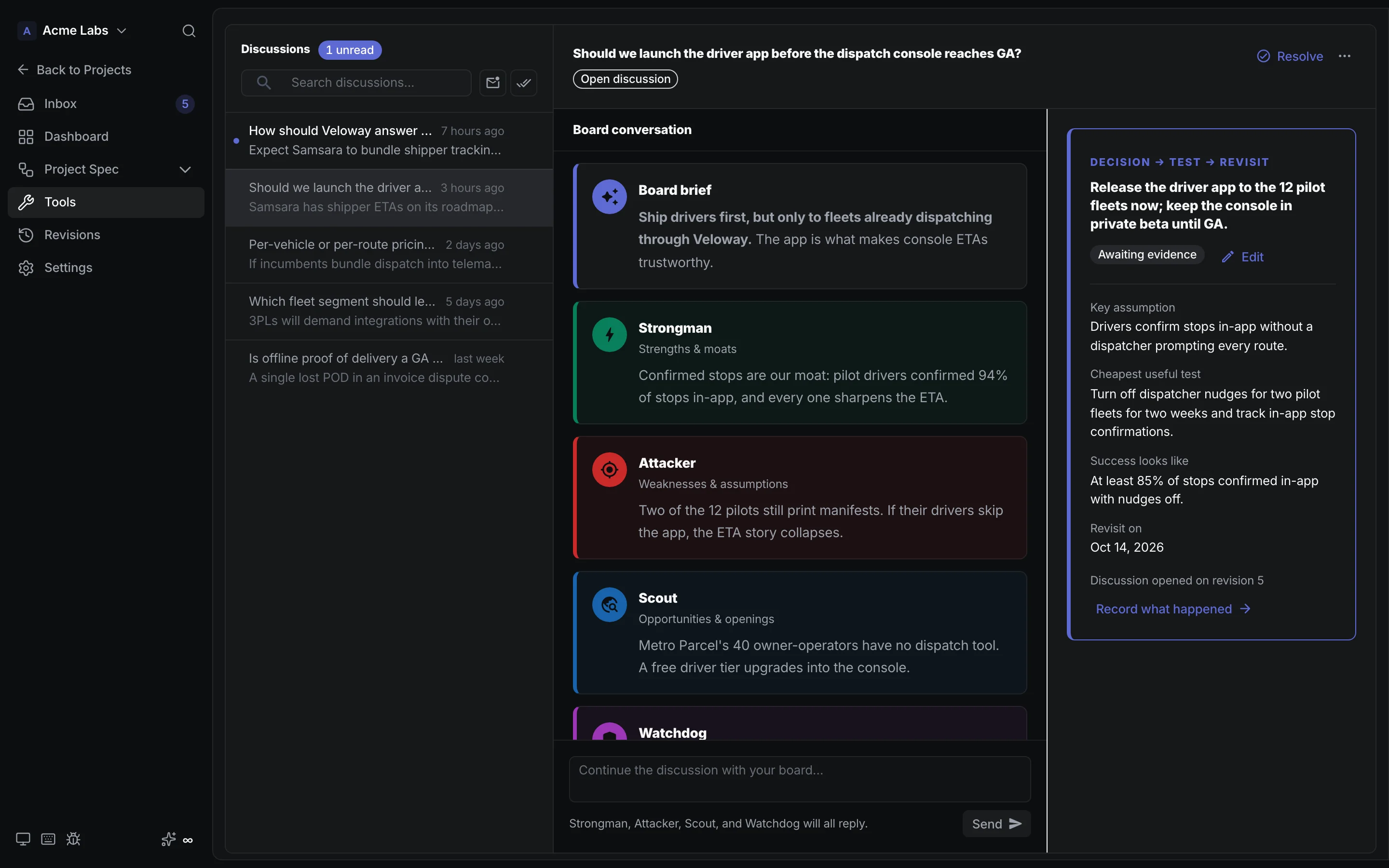 Cofounder boardroom with answers from Strongman, Attacker, Scout, and Watchdog