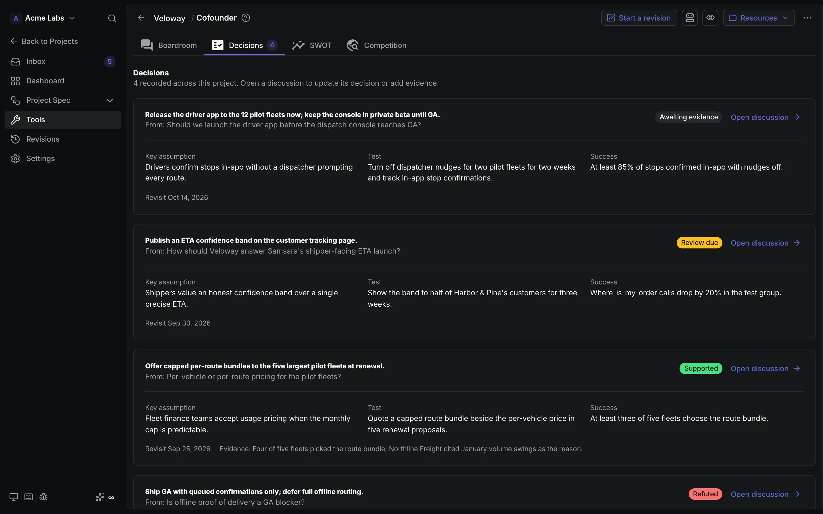 The Cofounder Decisions tab listing Veloway decisions, one flagged review due