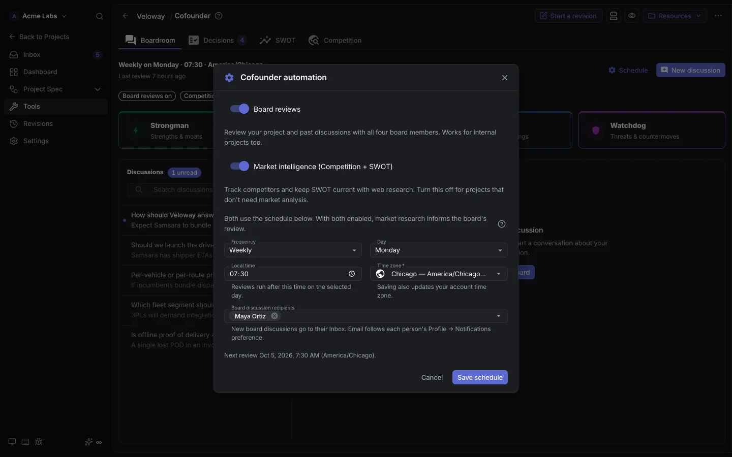 Cofounder schedule settings with board reviews and market intelligence switches, cadence, and time zone