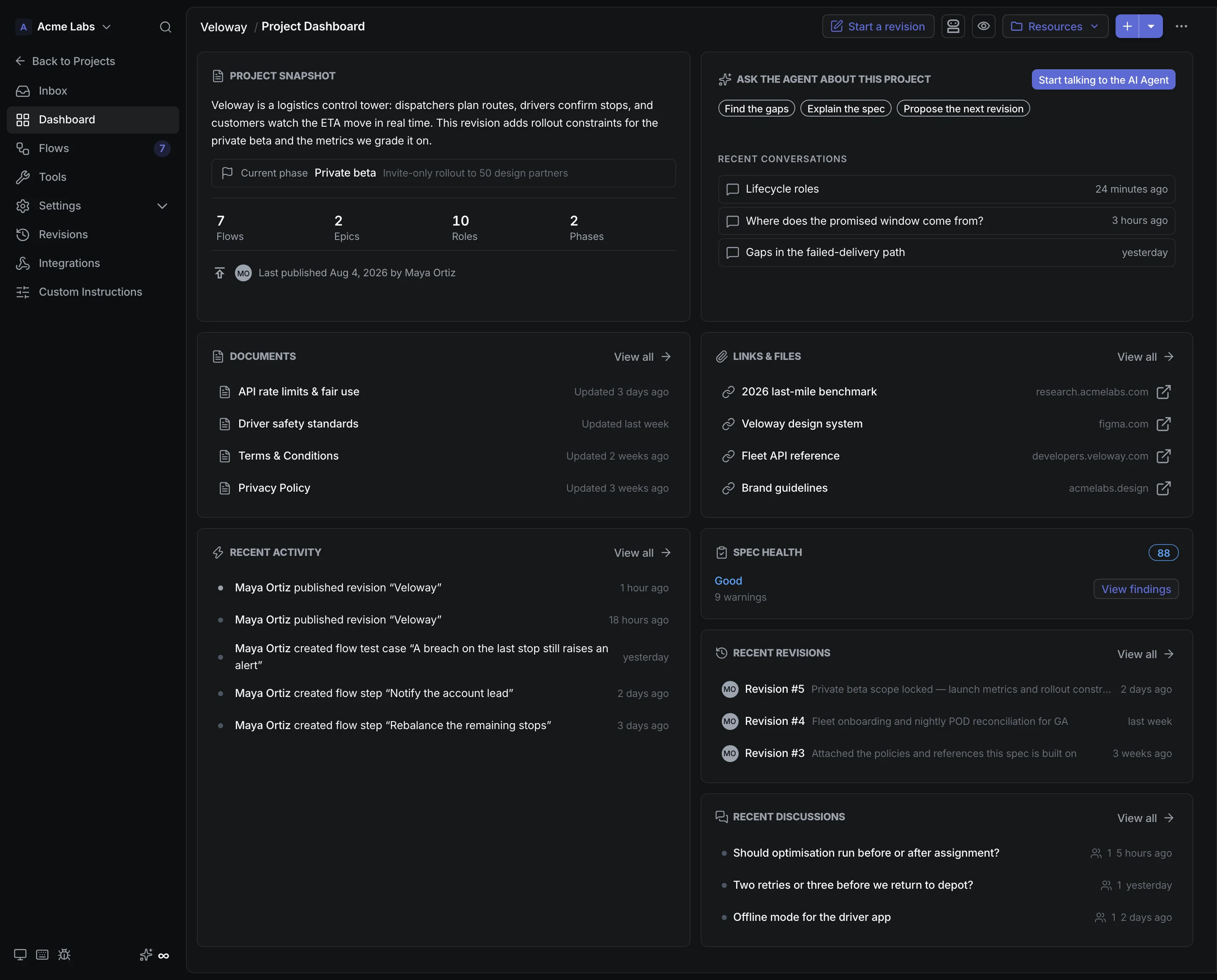 CrystalSpec project dashboard for Veloway with flows, activity, revisions, and AI agent