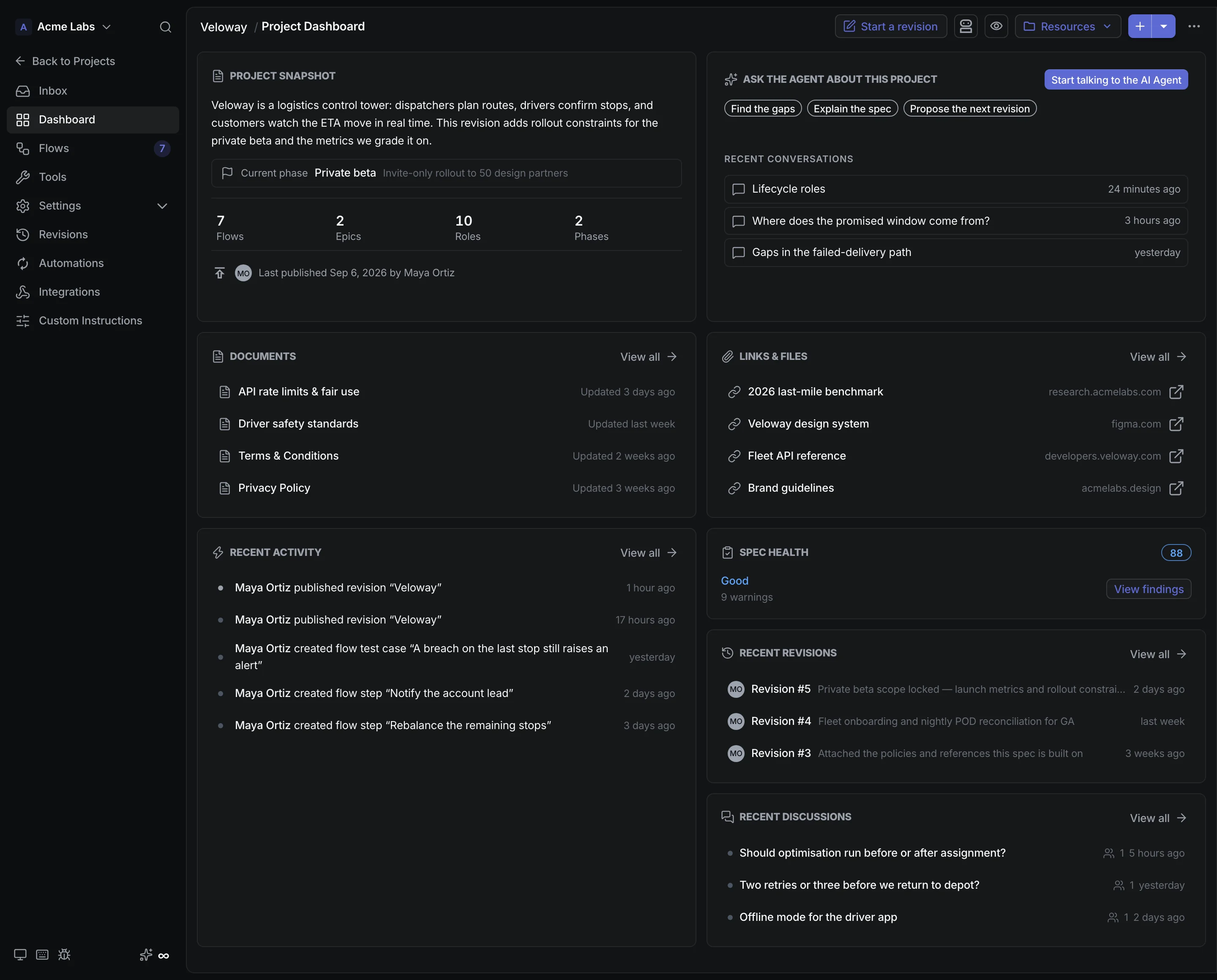 CrystalSpec project dashboard for Veloway with flows, activity, revisions, and AI agent