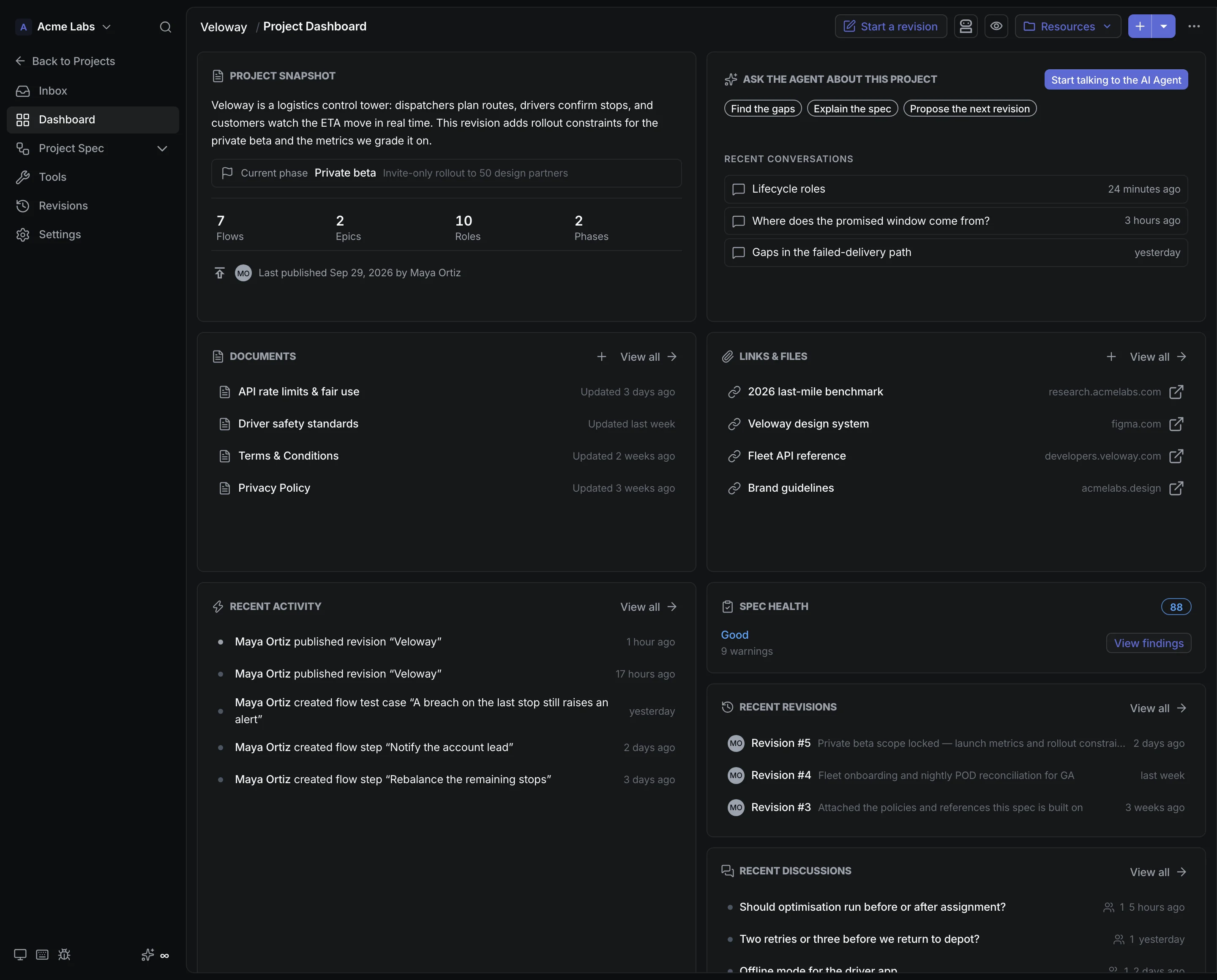 CrystalSpec project dashboard for Veloway with flows, activity, revisions, and an AI agent