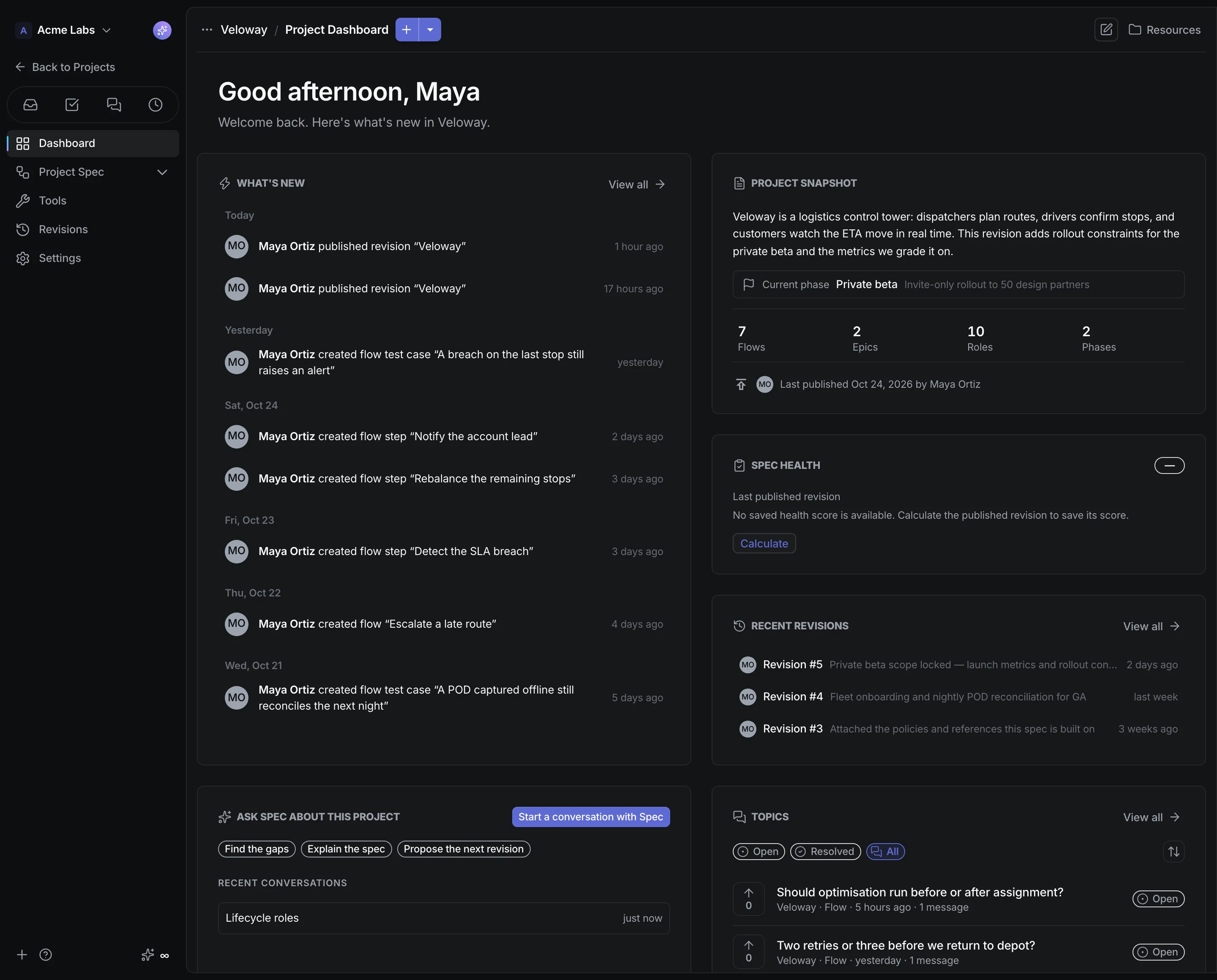 CrystalSpec project dashboard for Veloway with flows, activity, revisions, and the AI assistant