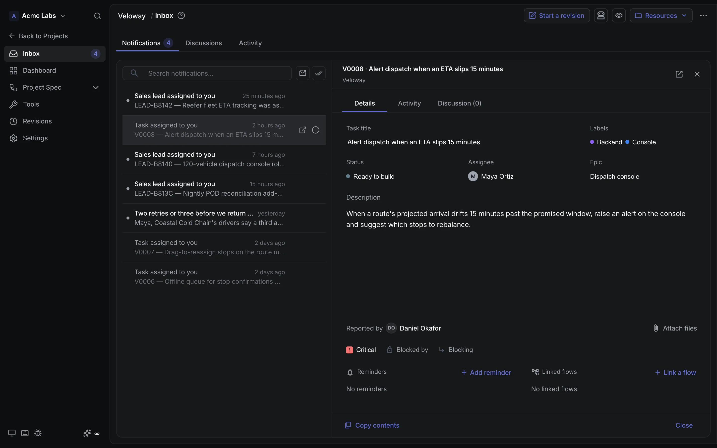 CrystalSpec Inbox with unread items and a reading pane open on a Veloway discussion