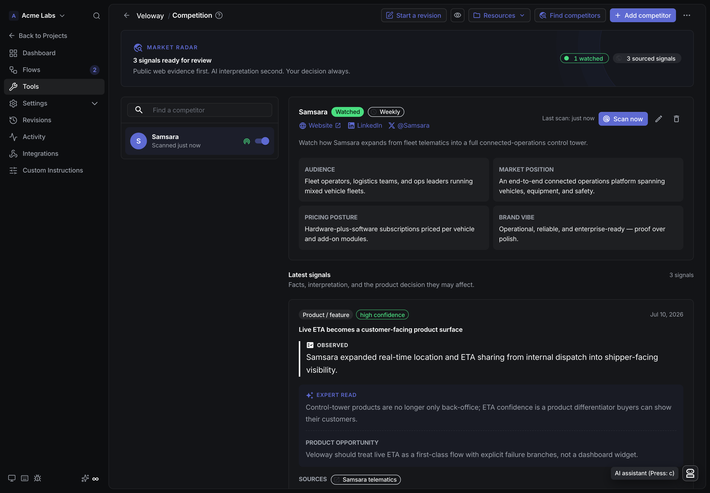 Competition market radar watching Samsara with logistics-focused signals for Veloway