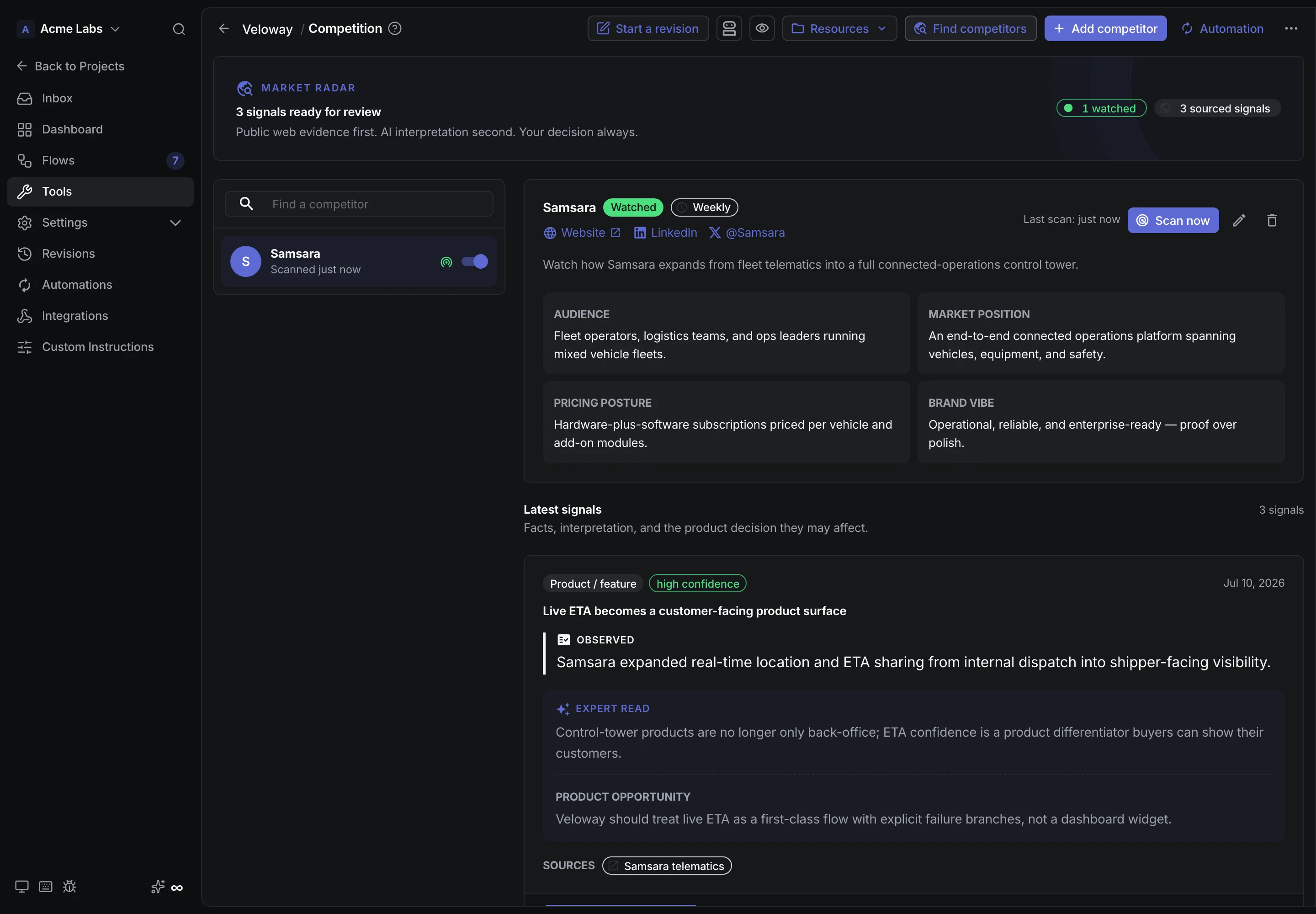 Competition market radar watching Samsara with logistics-focused signals for Veloway
