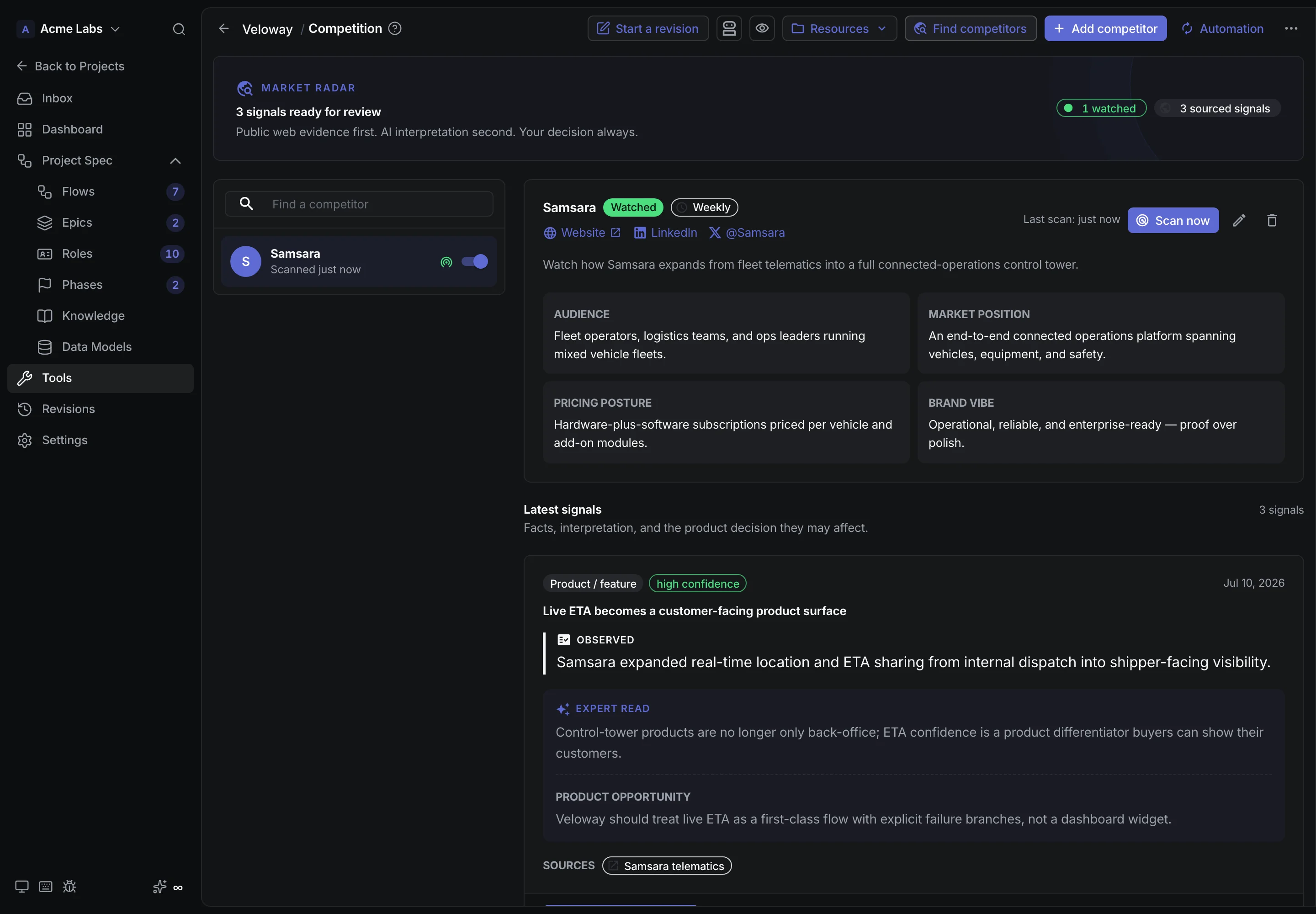 Competition market radar watching Samsara with logistics-focused signals for Veloway