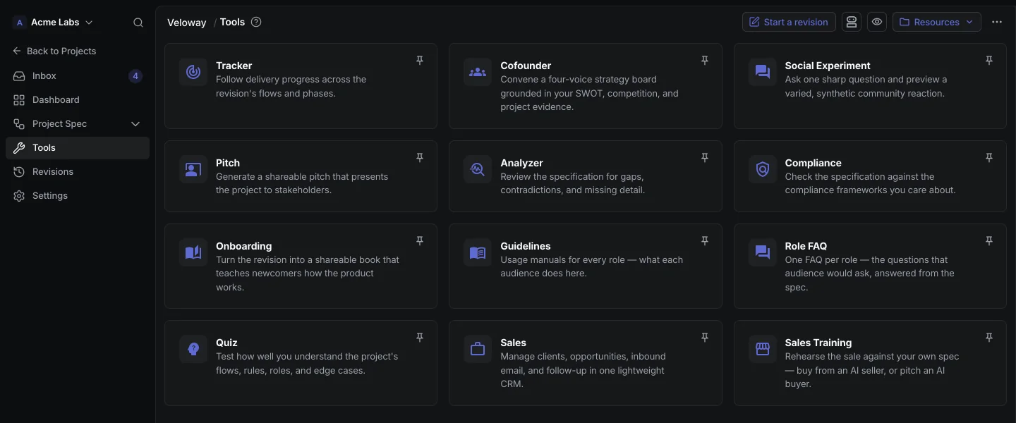 CrystalSpec project tools page with Tracker, Cofounder, Sales, Sales Training, Analyzer, Compliance, and more