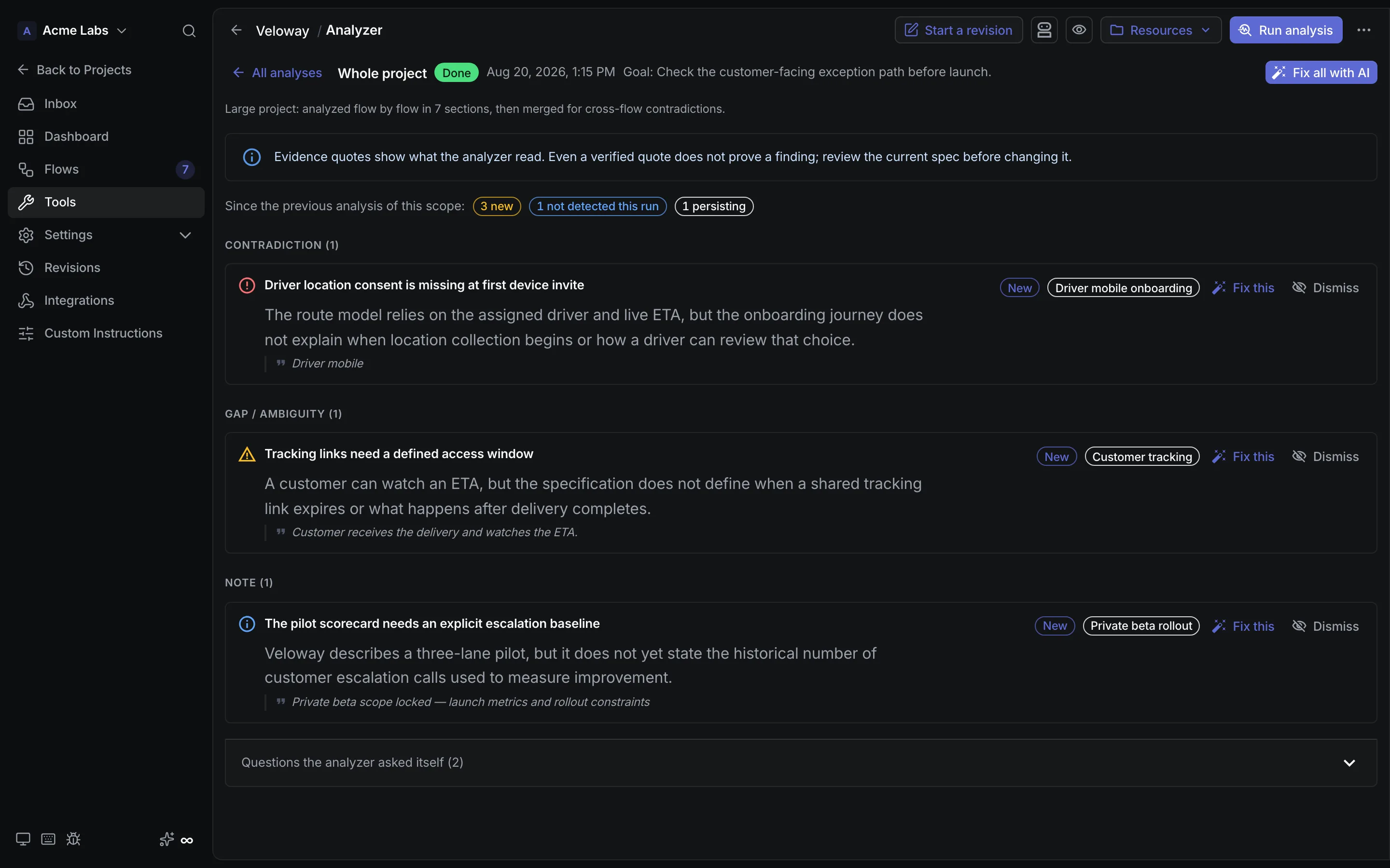 CrystalSpec Analyzer report with Veloway findings about consent, tracking links, and pilot metrics.