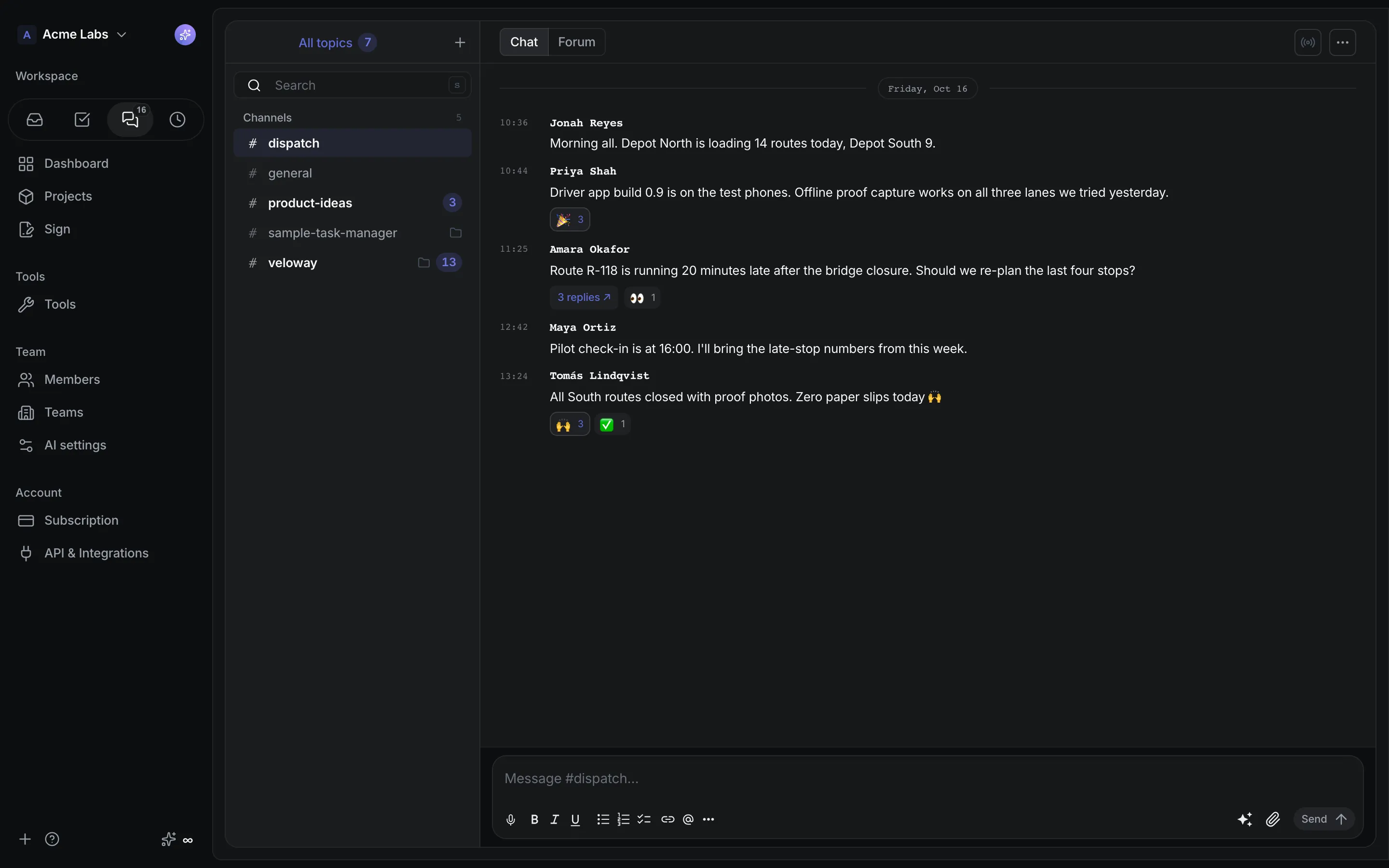 CrystalSpec Chat dispatch channel for Acme Labs with messages from the team about Veloway routes and reactions.