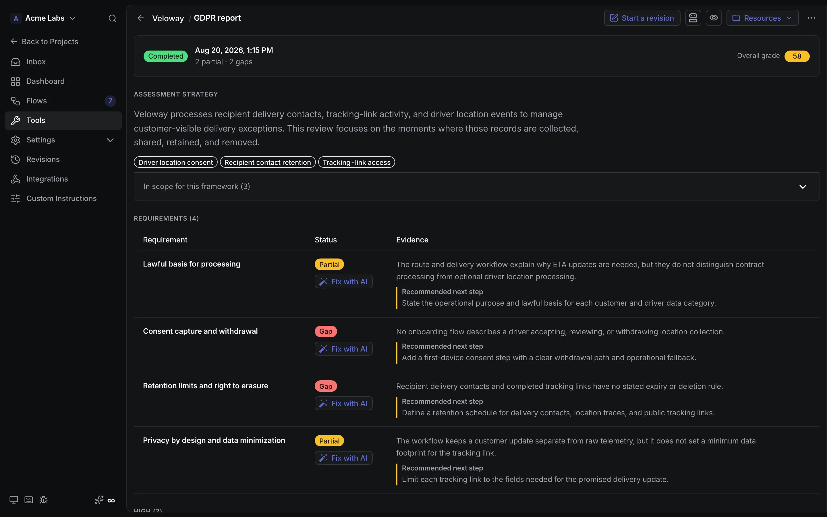 CrystalSpec GDPR report about driver location consent, recipient contact retention, and tracking-link access.