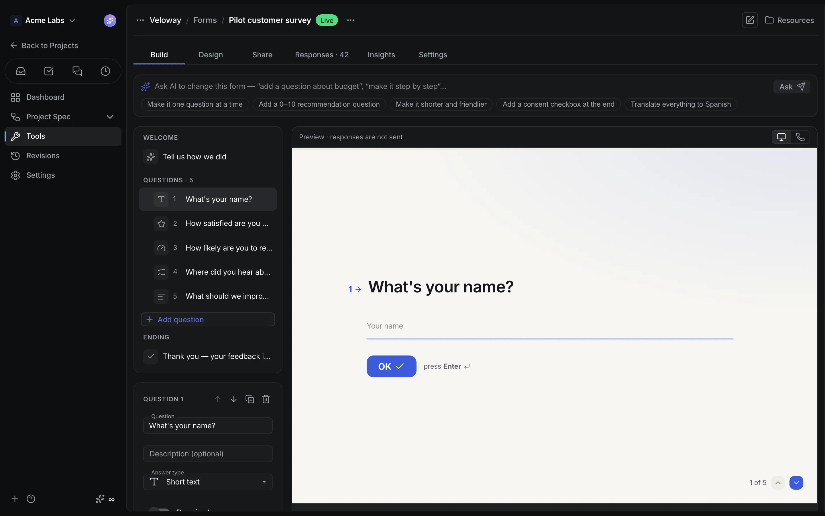 CrystalSpec Forms studio for a Veloway pilot customer survey with five questions and a live preview.