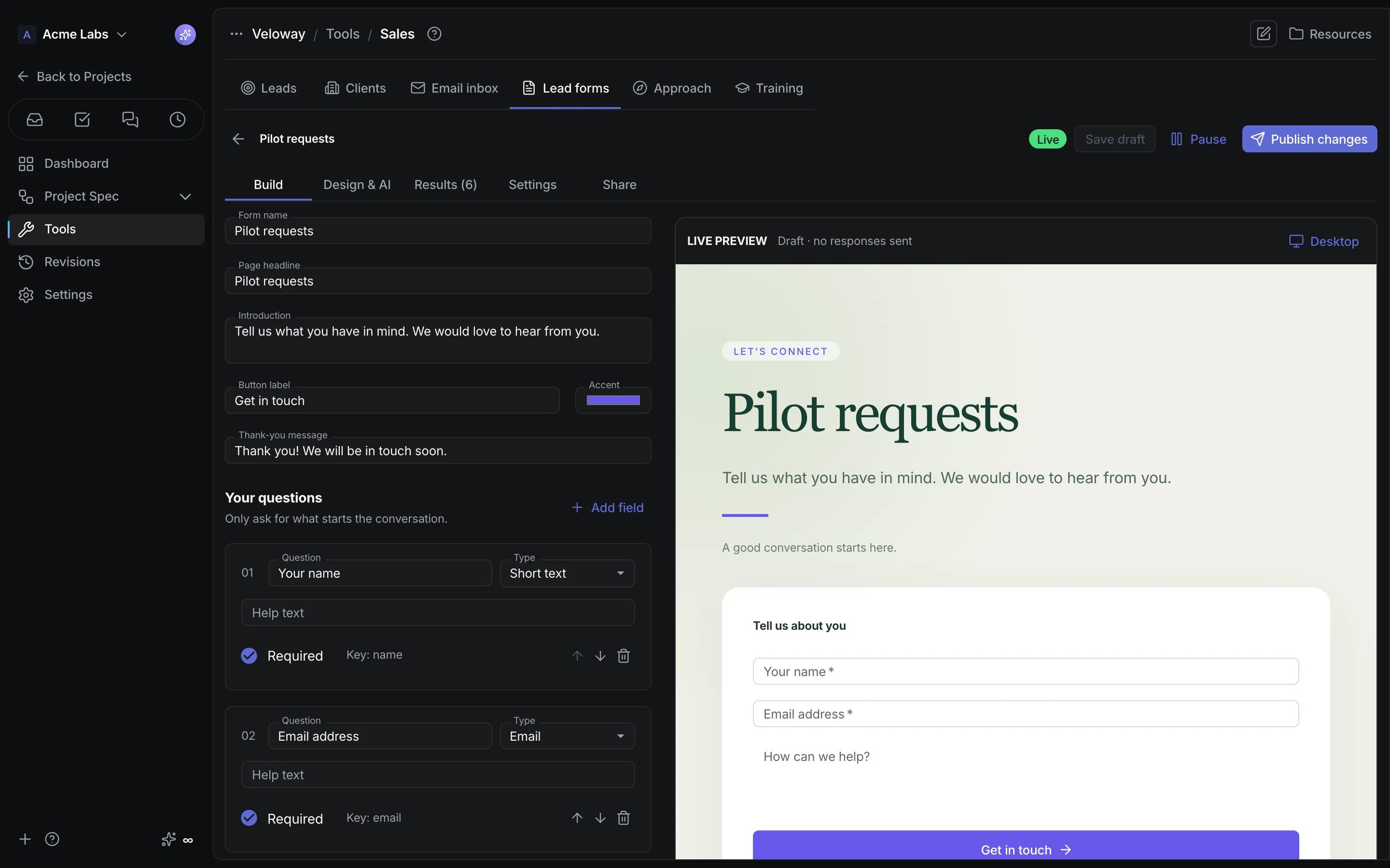 CrystalSpec Lead Forms builder for a Veloway pilot request form with its live preview.