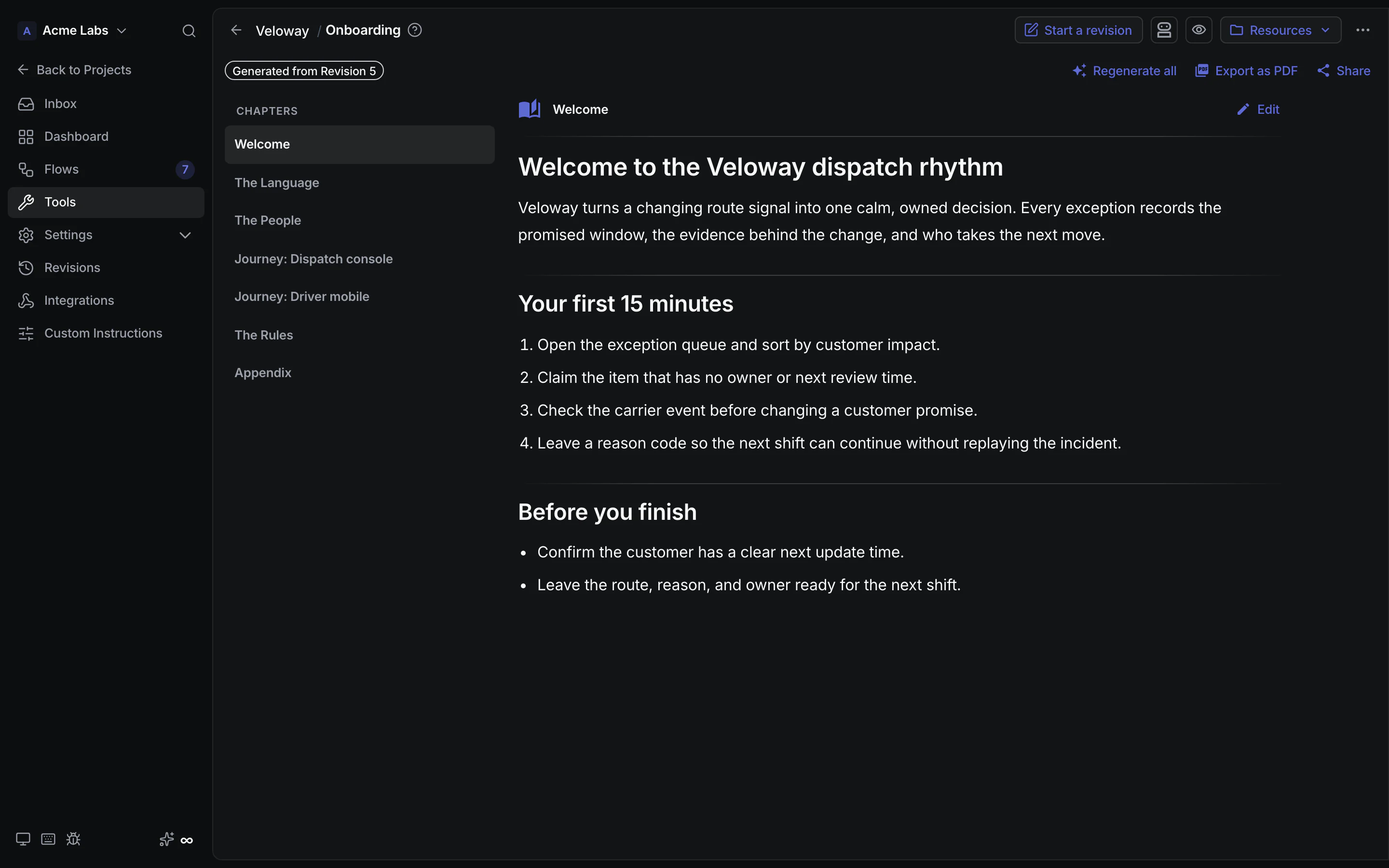 CrystalSpec Onboarding welcome chapter for Veloway with a dispatcher first-shift checklist.