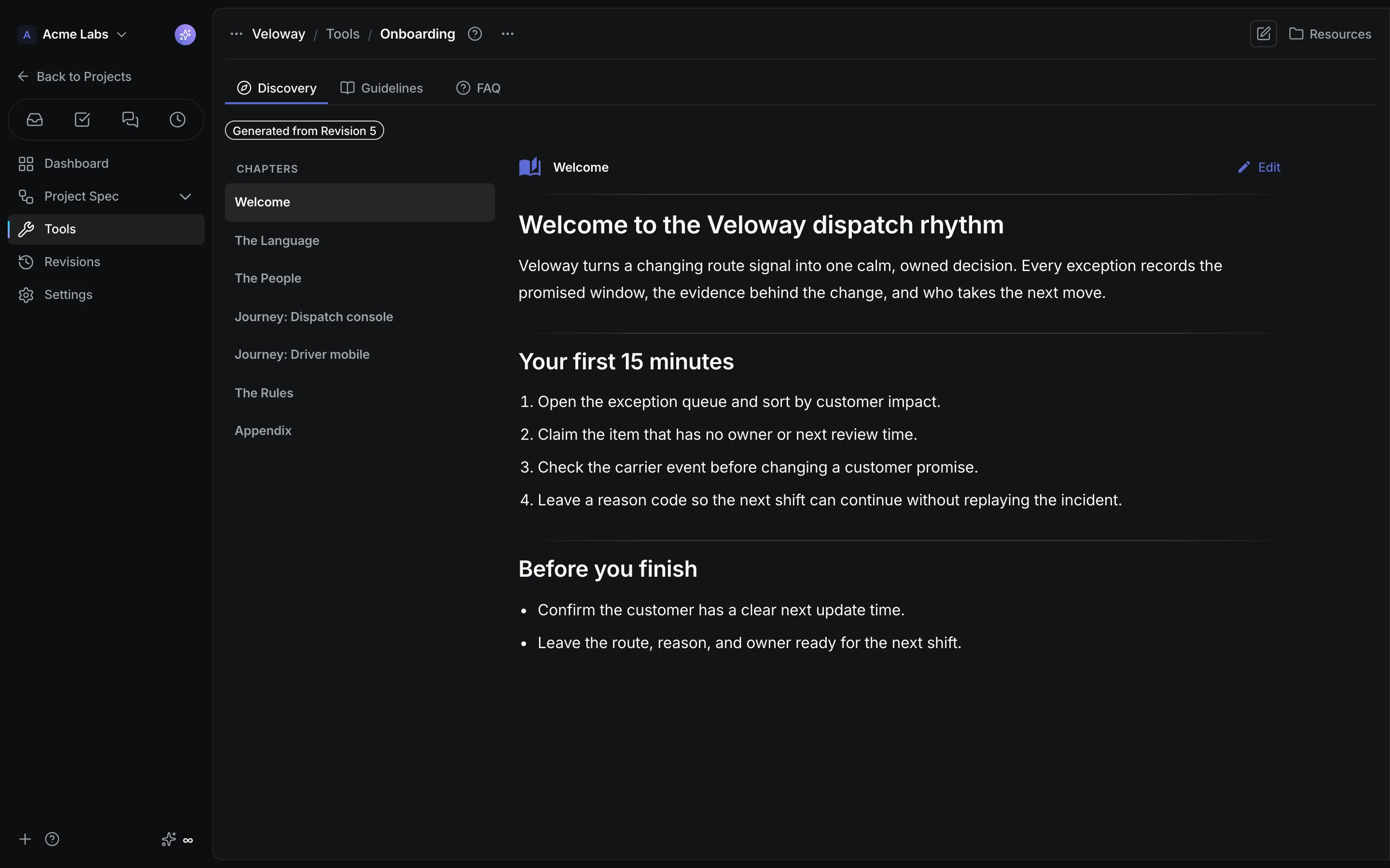 CrystalSpec Onboarding welcome chapter for Veloway with a dispatcher first-shift checklist.