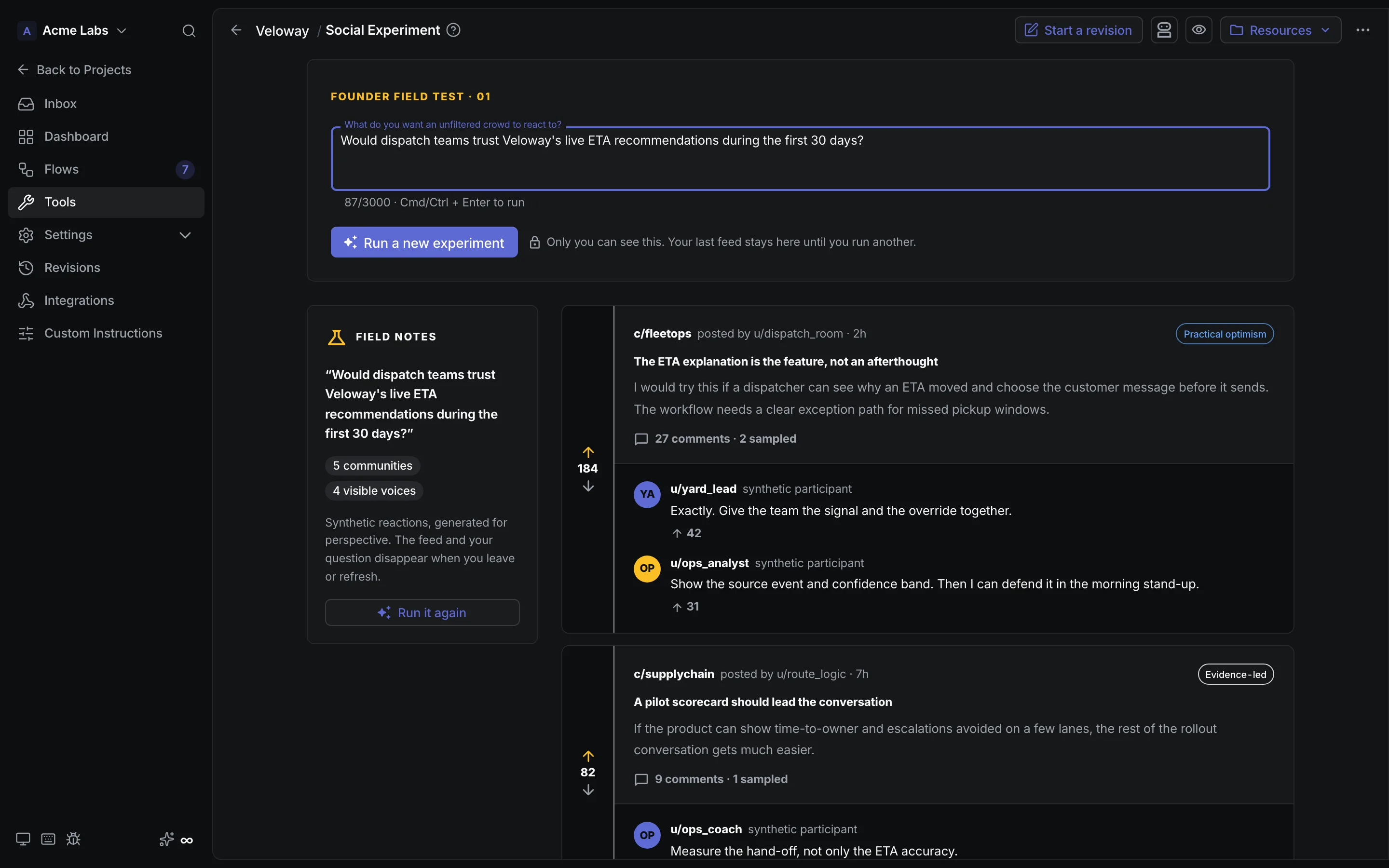CrystalSpec Social Experiment feed discussing live ETA recommendations for dispatch teams.
