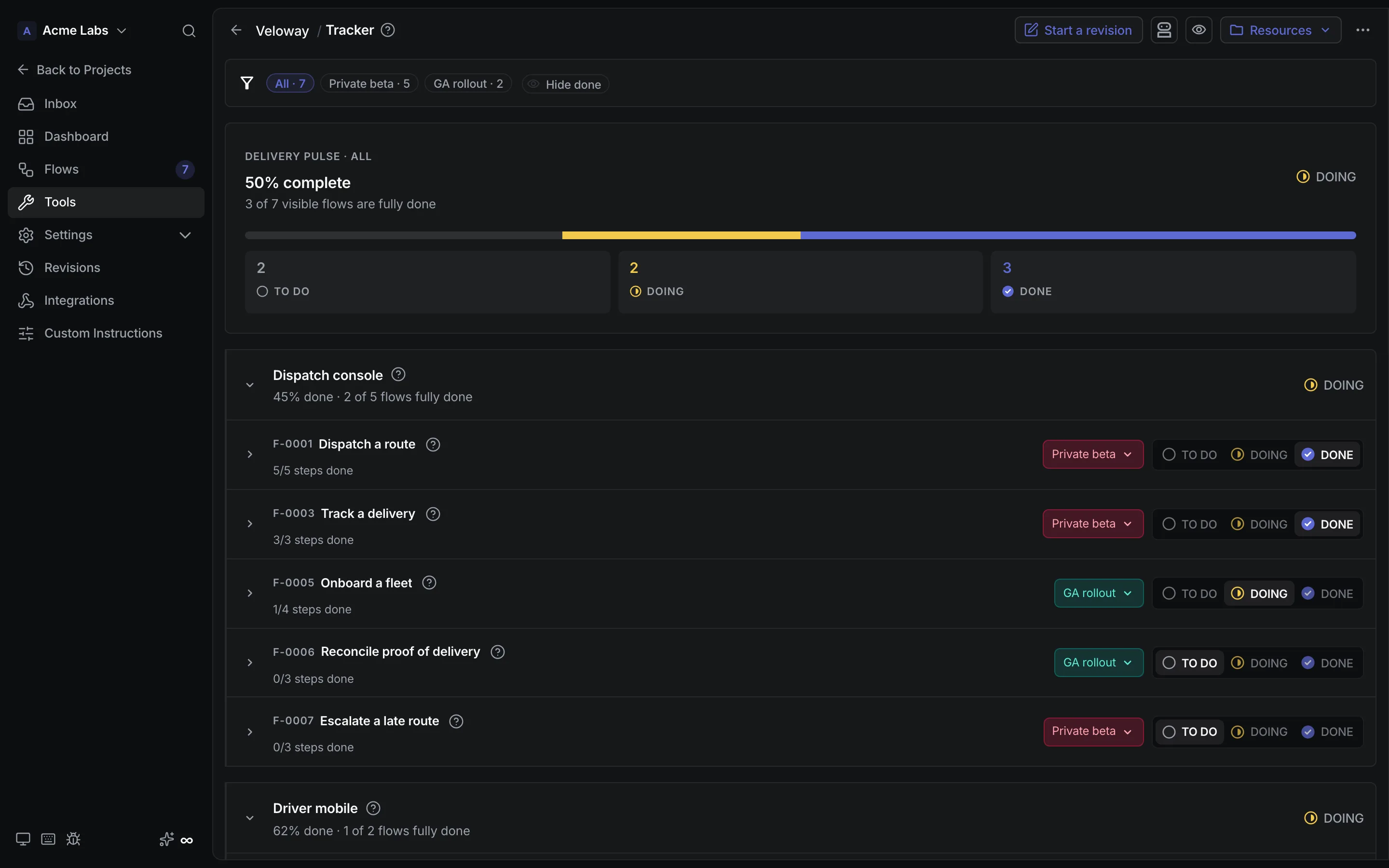 CrystalSpec Tracker showing a mixed Veloway delivery pulse across seven flows.